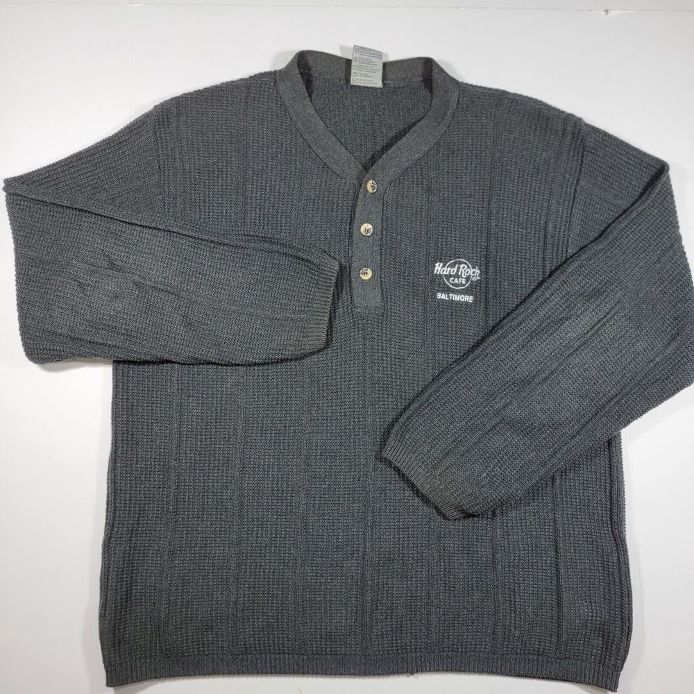 Hard‎ Rock Cafe Men's Pullover Henley Sweater Gray Knitted BALTIMORE Size LARGE